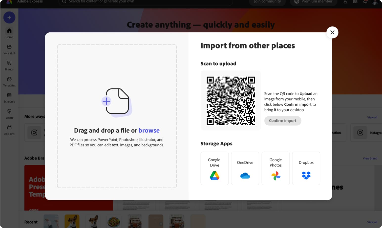 Easy Upload import hub with drag-and-drop, QR scan, and cloud storage options