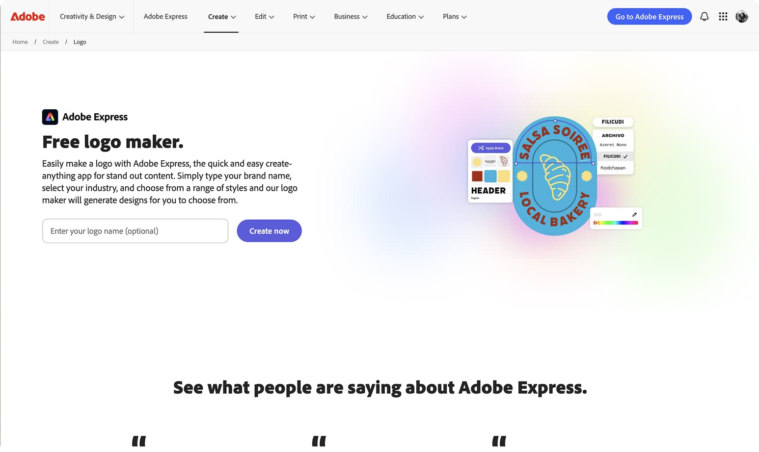 Logo Maker landing page with optional business name field and Create now CTA