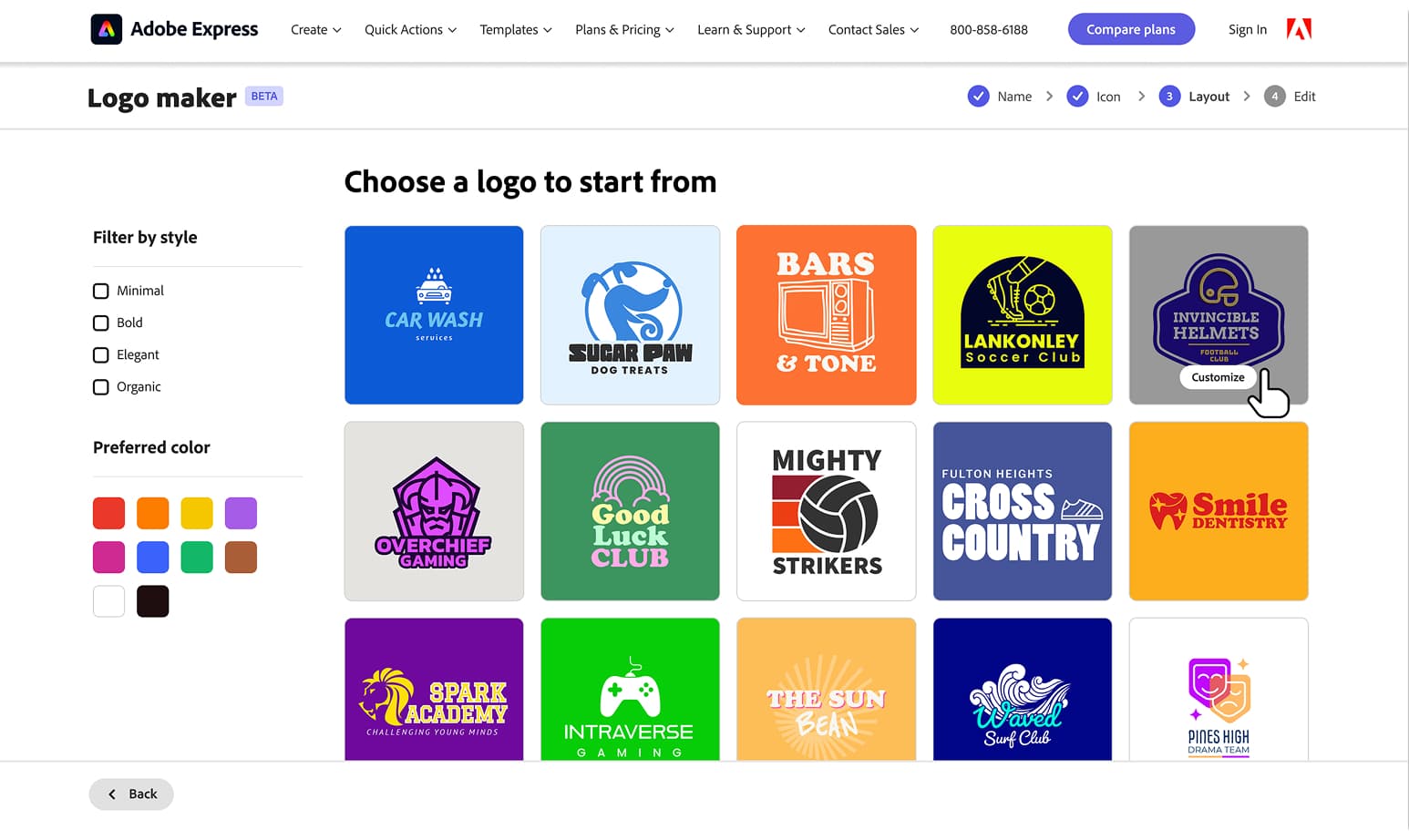 Logo Maker layout step with preferred color swatches and style filters