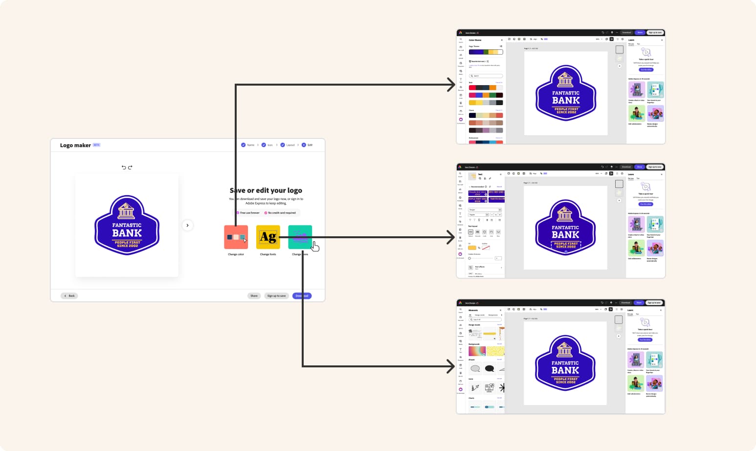 Editing jump points from Logo Maker into Logged Out Editor panels for color, fonts, and icons