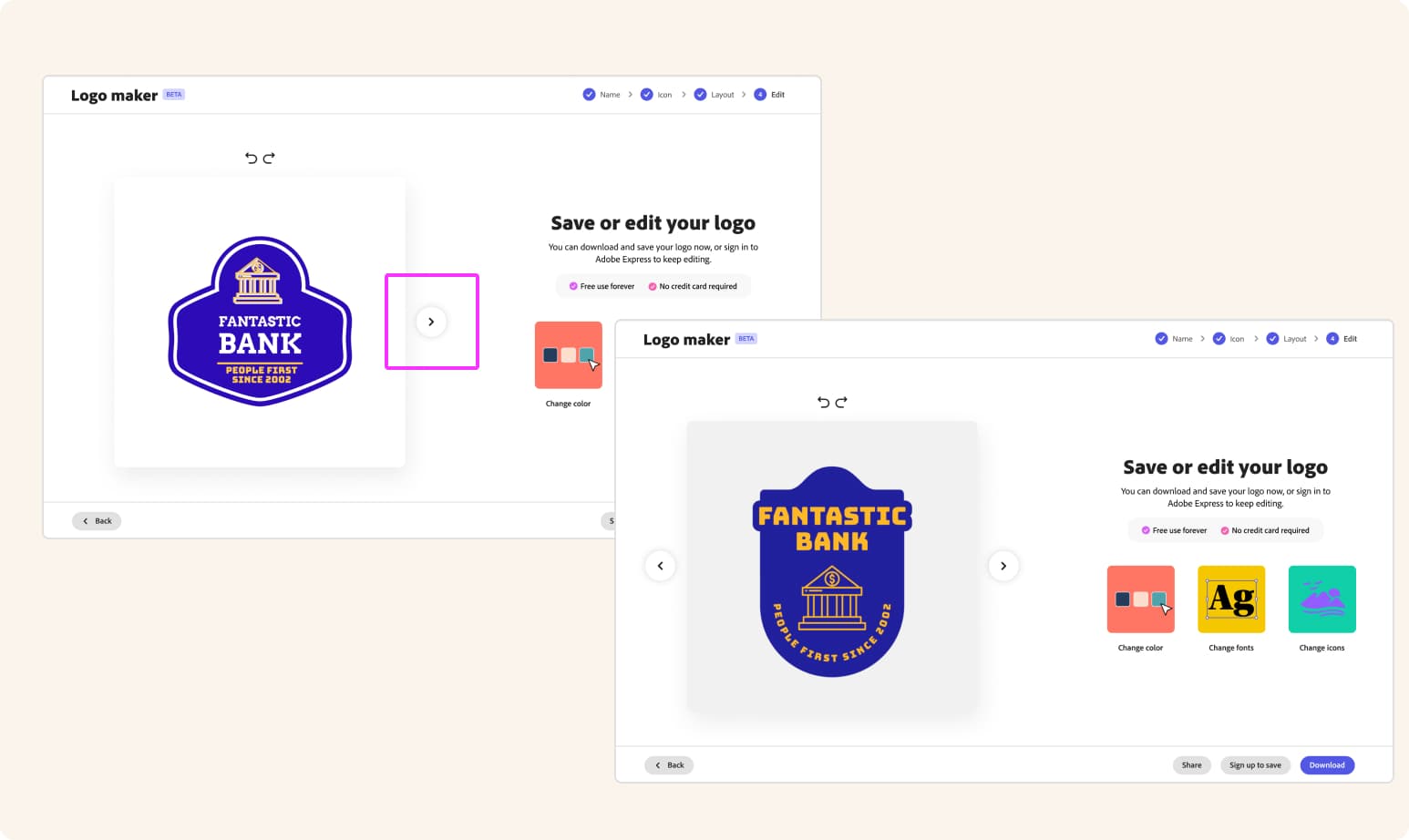 Final step carousel for browsing alternate logo templates without leaving the page