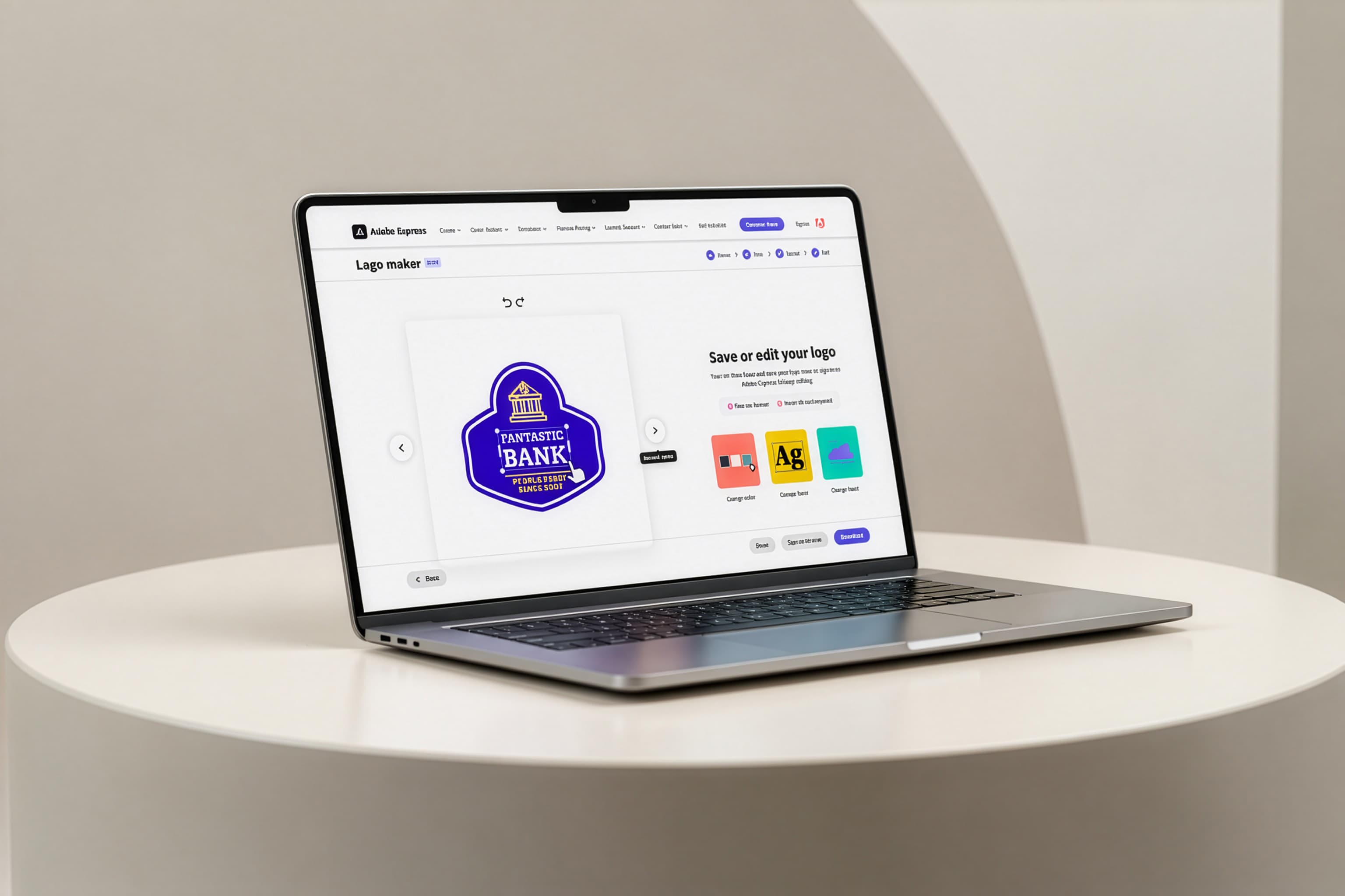 Adobe Express Logo Maker shown on a laptop