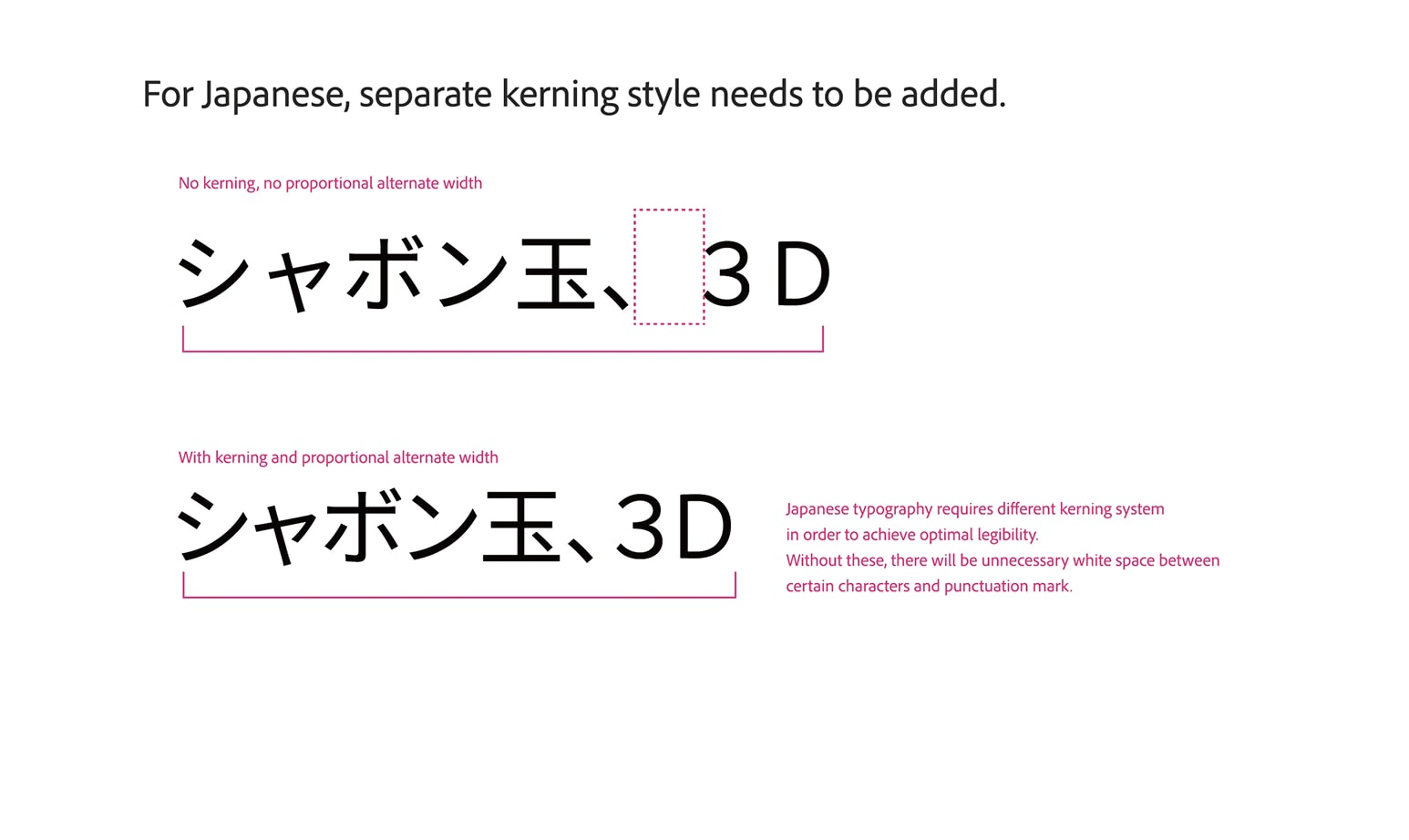 Japanese kerning comparison with and without proportional alternate width