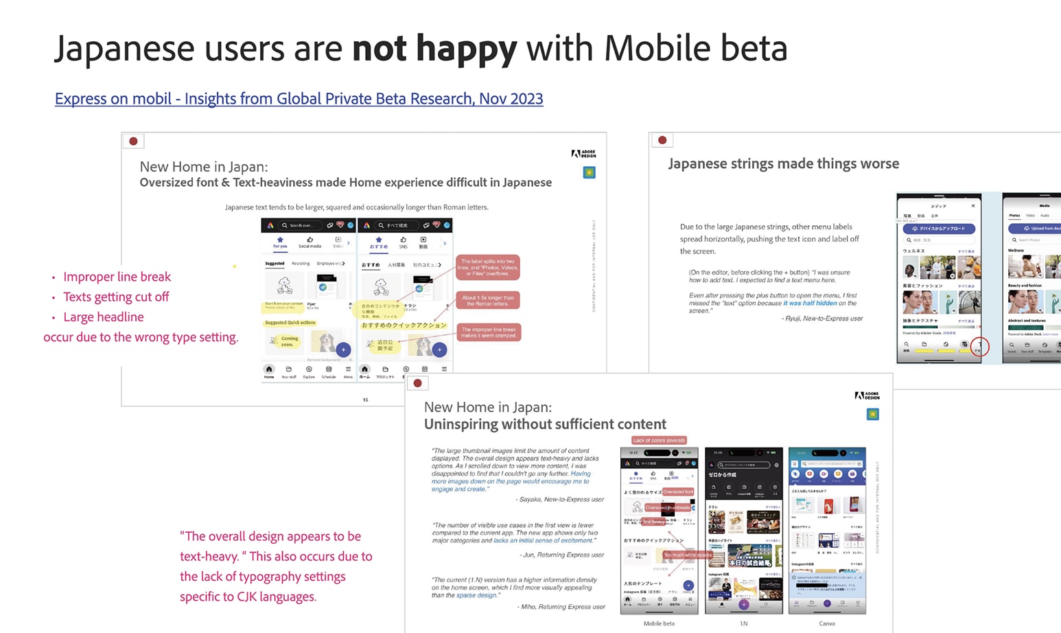 Private beta research slide summarizing Japanese users unhappy with the mobile home experience