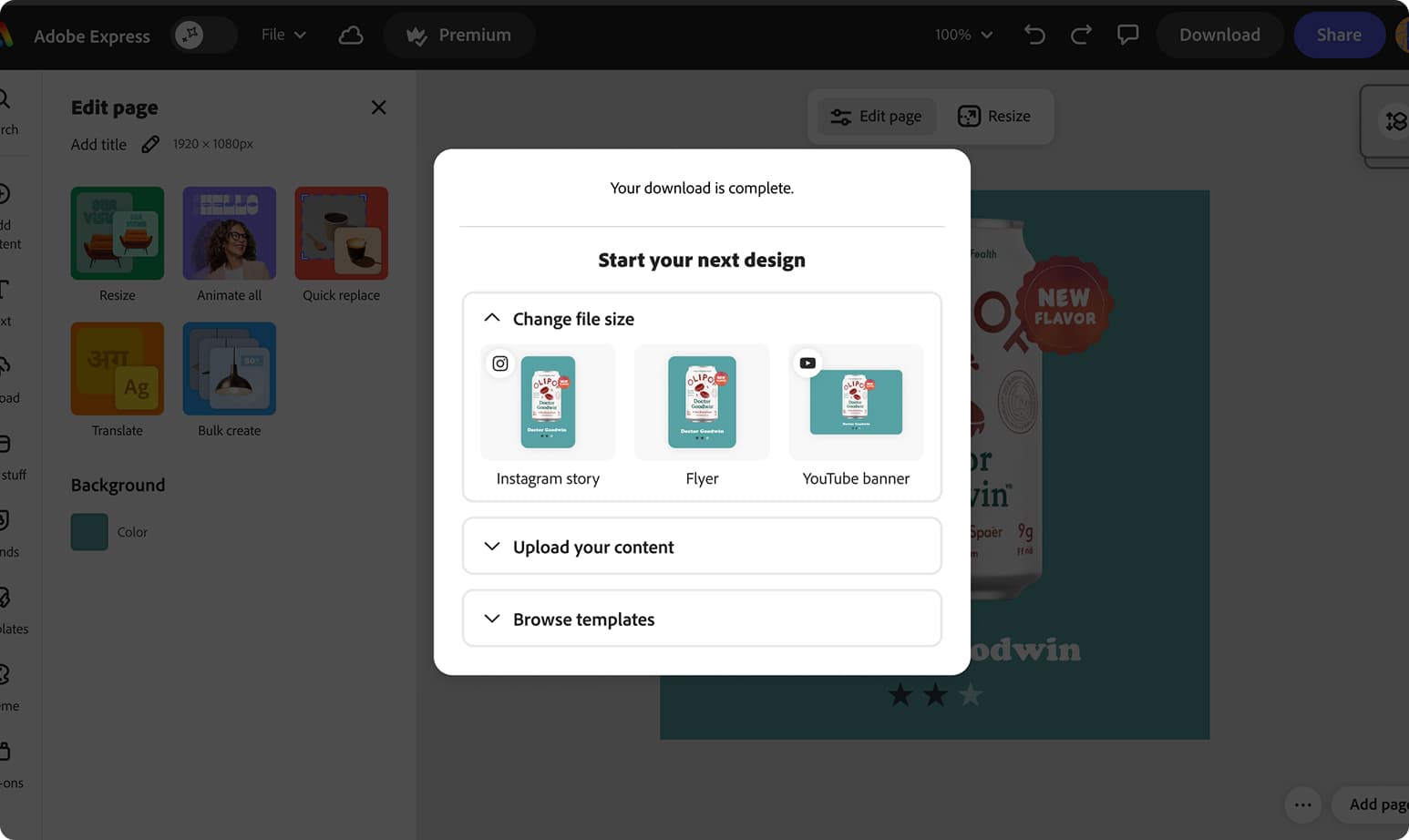 Multi-CTA accordion modal after export with resize, upload, and template options