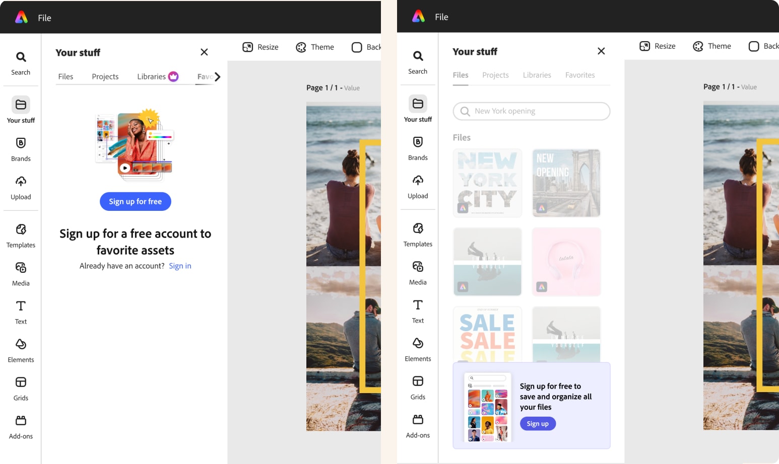 Your Stuff panel demo showing saved files after sign-up
