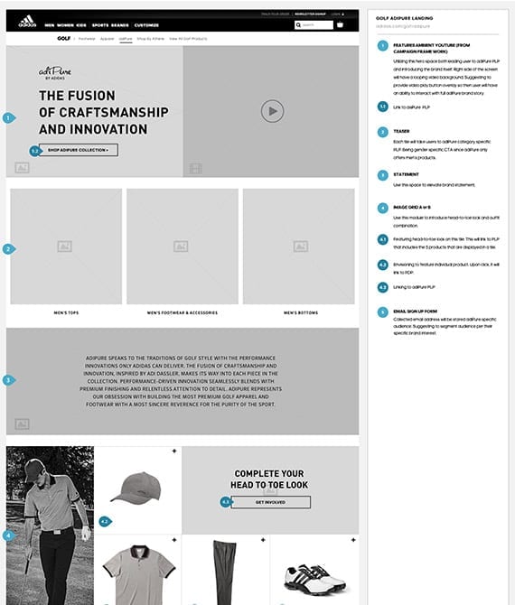 Annotated adidas Golf wireframe 2
