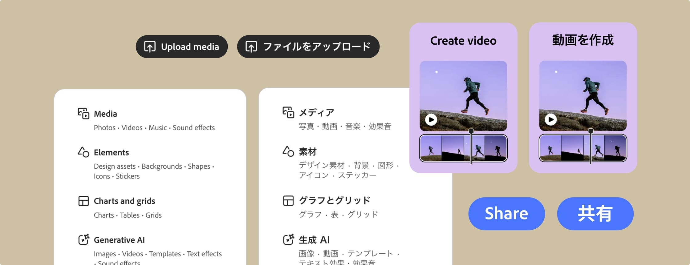 Side-by-side English and Japanese Adobe Express UI showing localized upload, sidebar, and share patterns