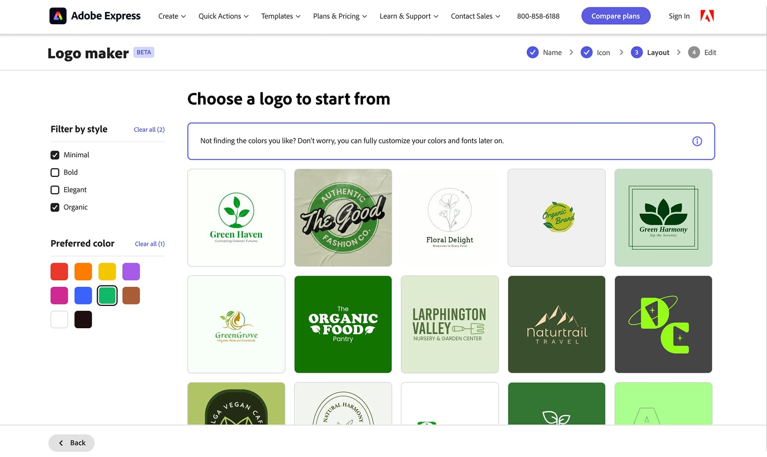 Logo Maker color filter results with style options
