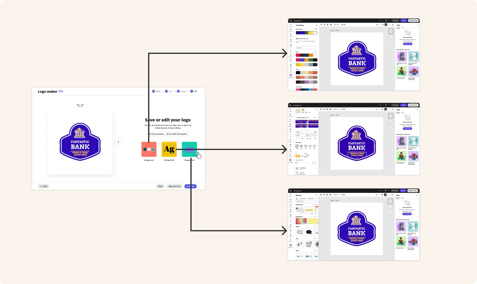 Editing jump points from Logo Maker into Logged Out Editor panels for color, fonts, and icons