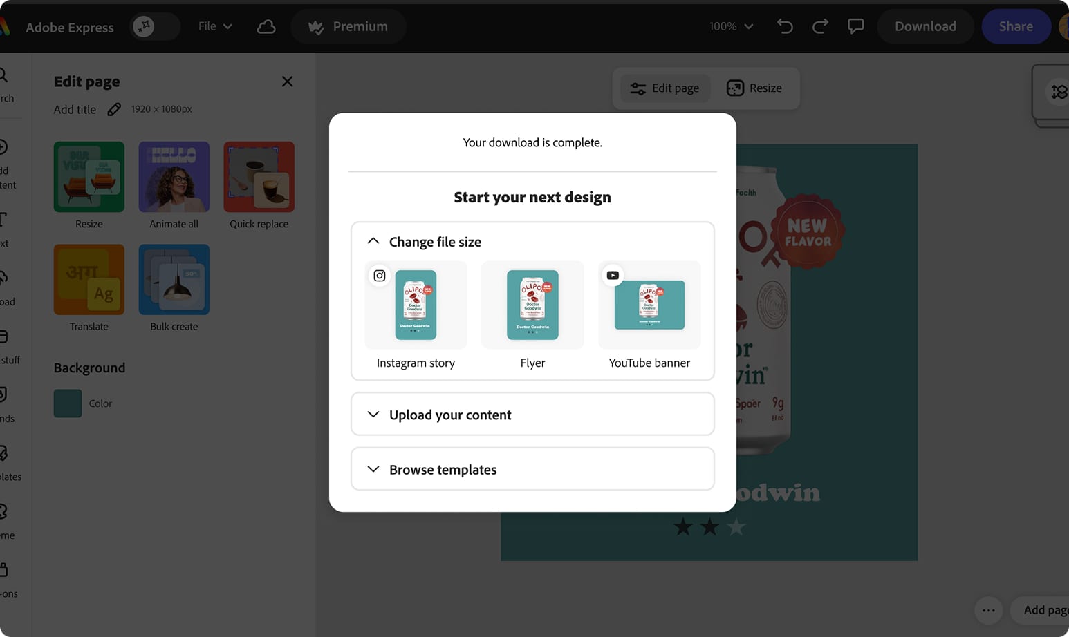 Multi-CTA accordion modal after export with resize, upload, and template options